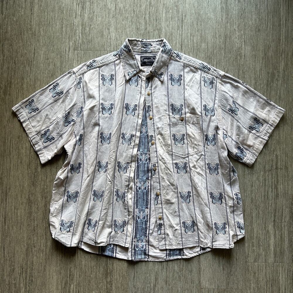 Vintage Company One White/Blue Butterfly Short Sleeve Button Down Shirt Size XL